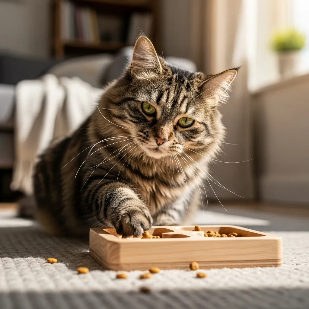 Senior cat using a puzzle feeder to combat feline cognitive dysfunction.