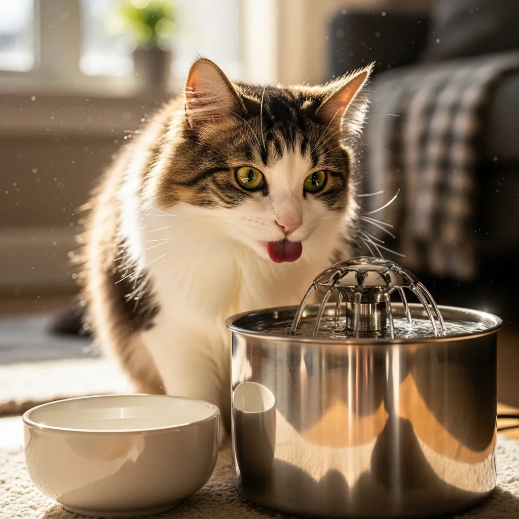 Healthy cat drinking from a cat fountain, illustrating proper feline hydration.