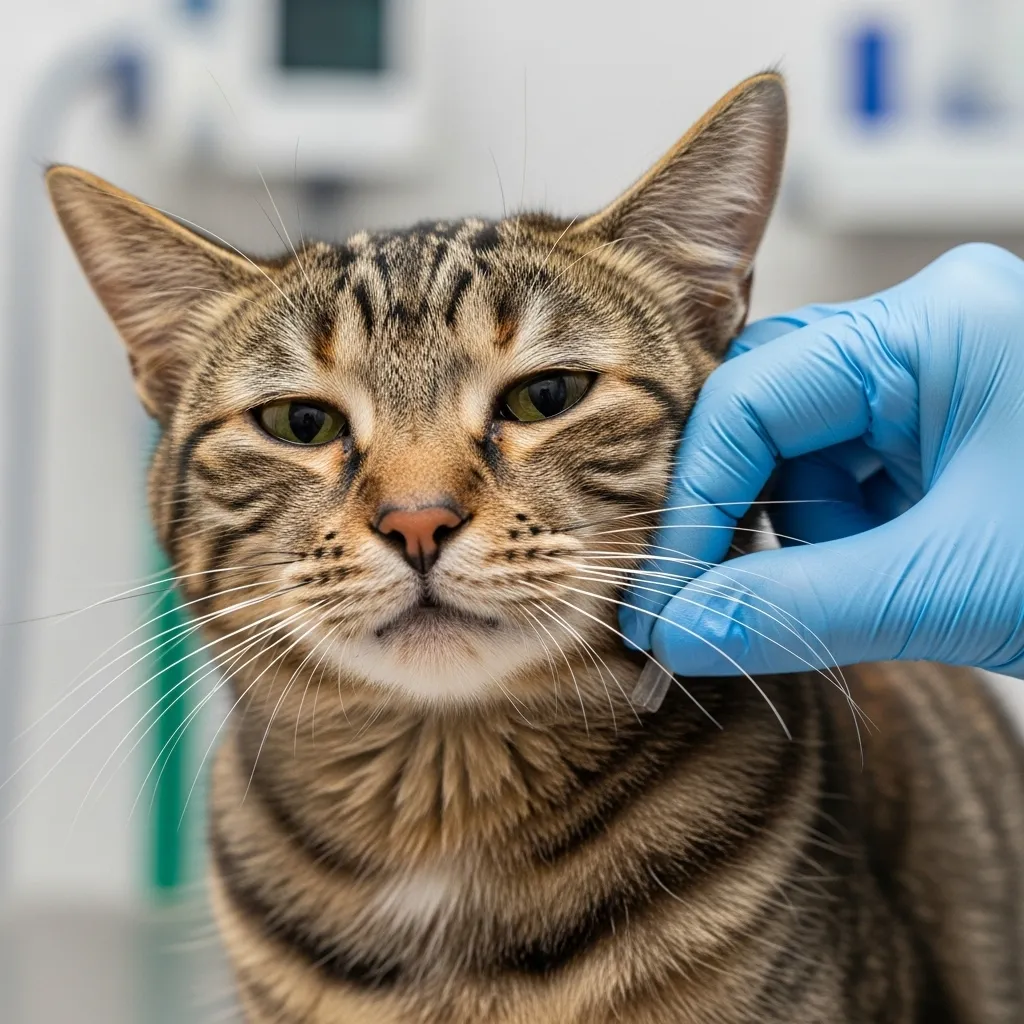  Cat showing dehydration symptoms during a veterinary skin tent test.