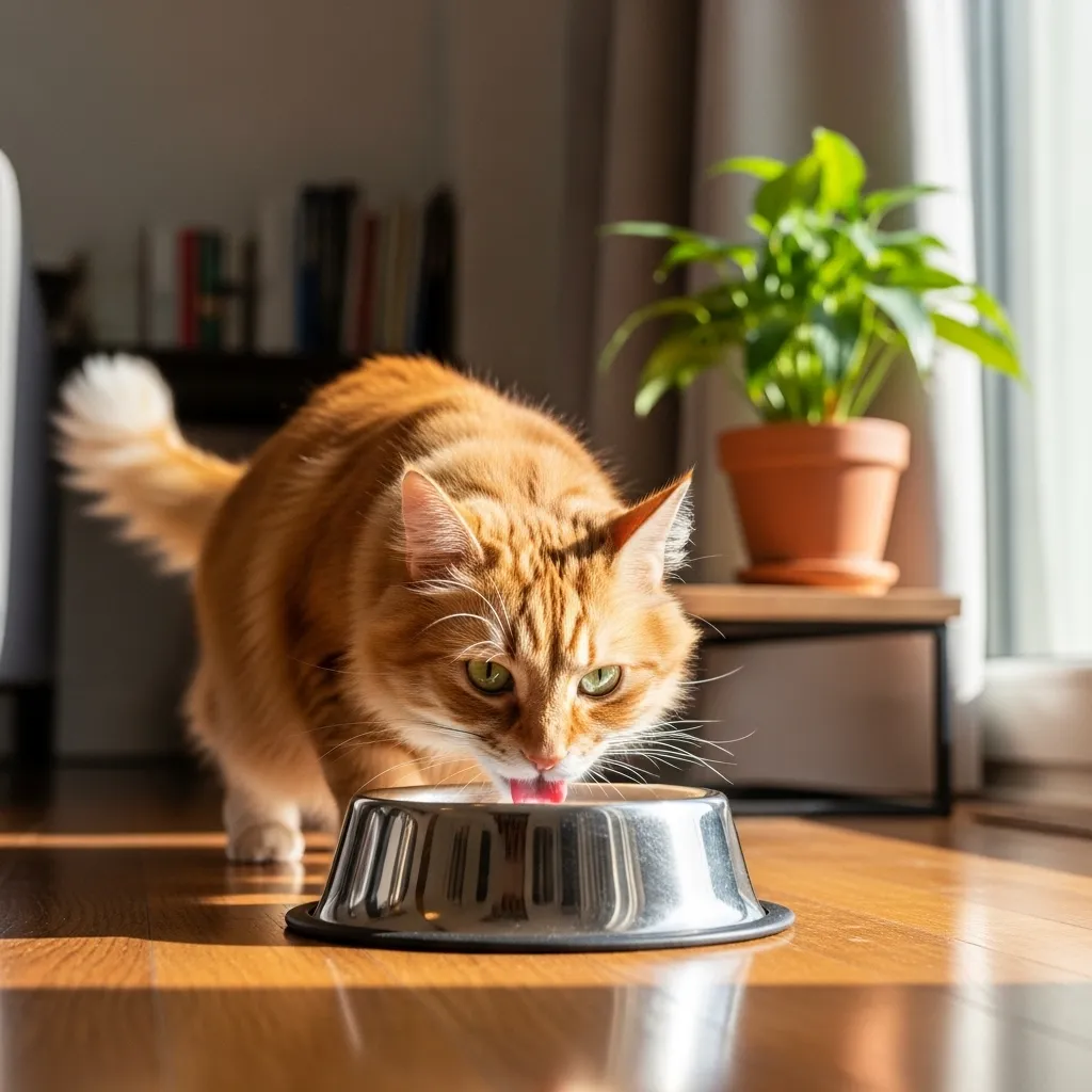  Cat drinking from a clean water bowl, promoting proper hydration