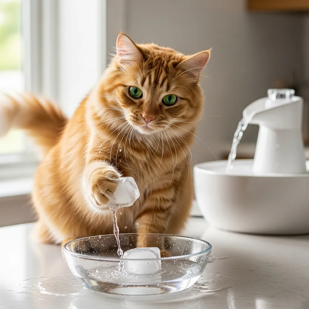 Cat playing with ice cube in water bowl to encourage drinking.