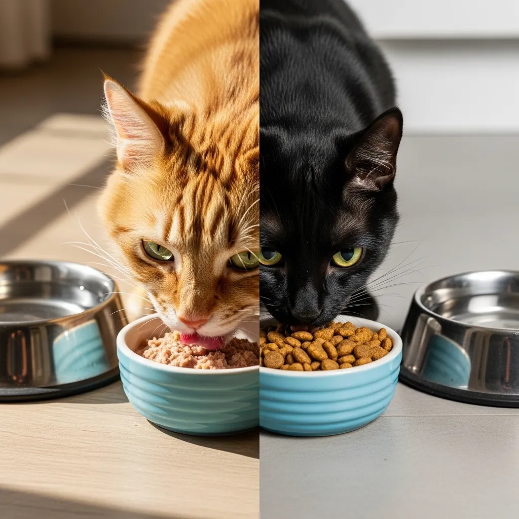  Cat eating wet and dry food, comparing hydration benefits.