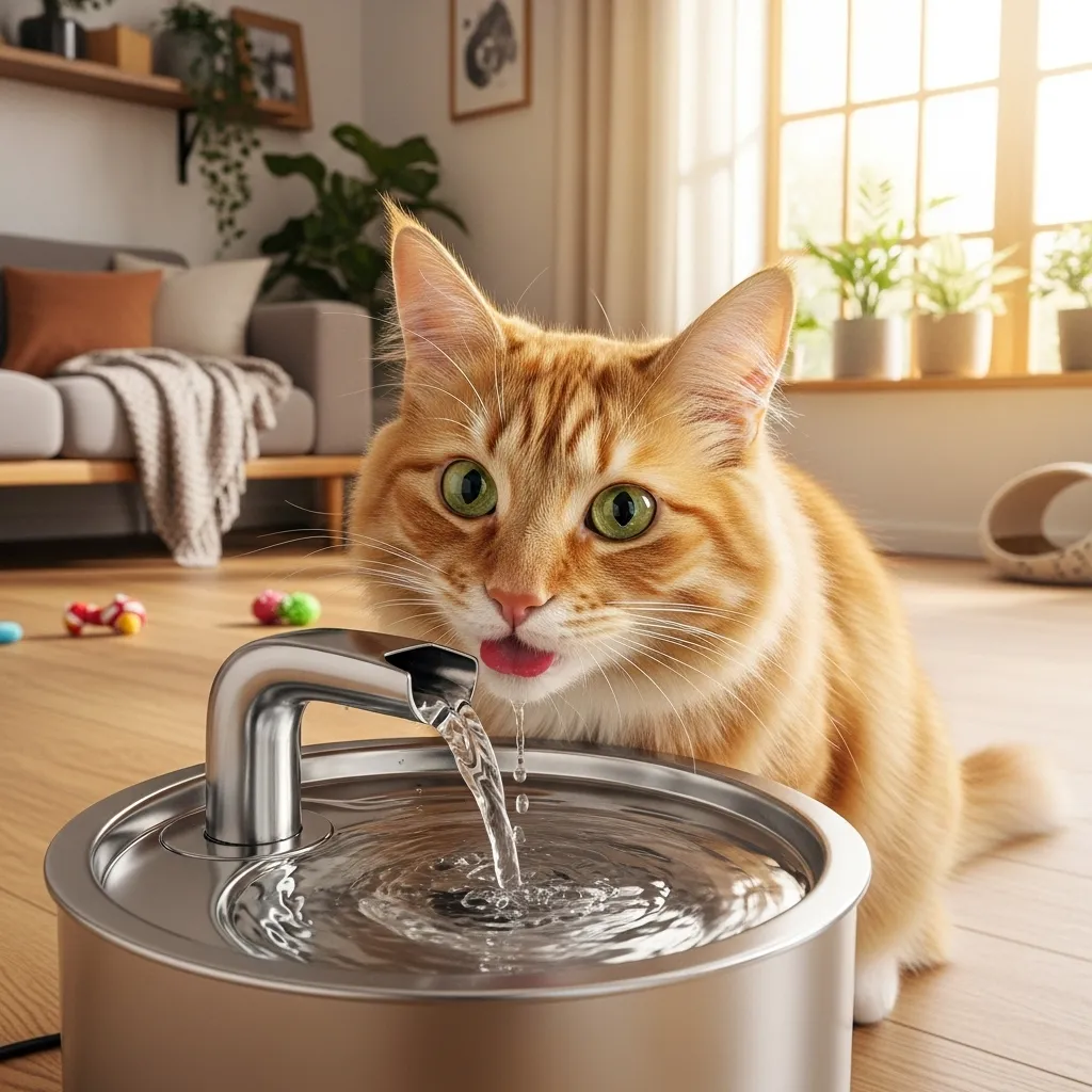  Happy cat drinking from a fountain, showcasing feline hydration success.