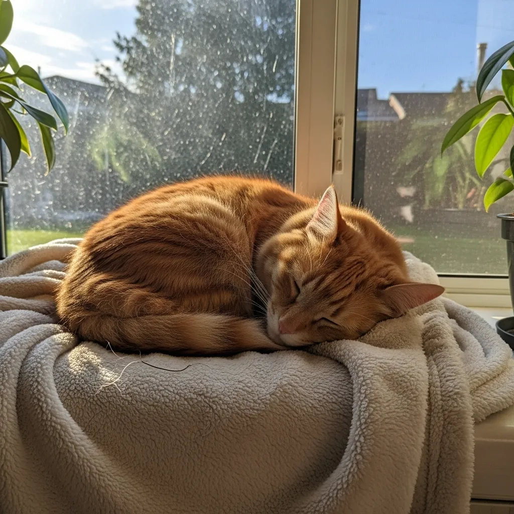 Cat sleeping peacefully in a sunbeam, illustrating normal feline sleep behavior.