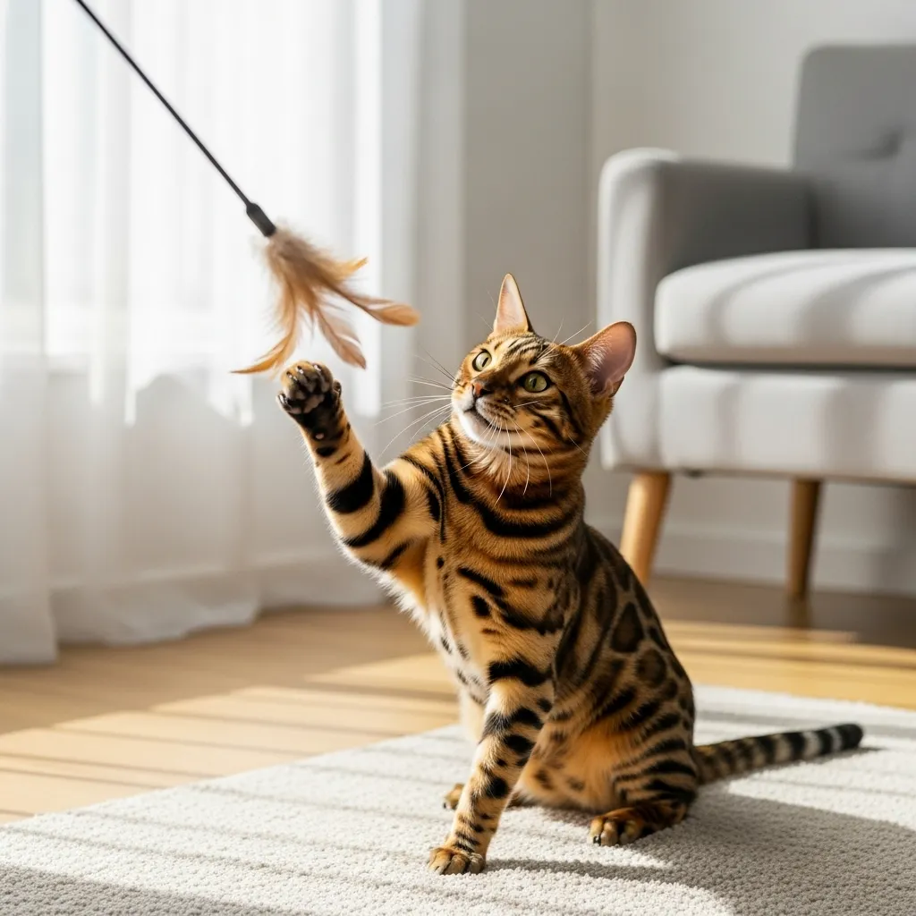 Bengal cat engaging with a toy, demonstrating how play reduces cat boredom and sleep.