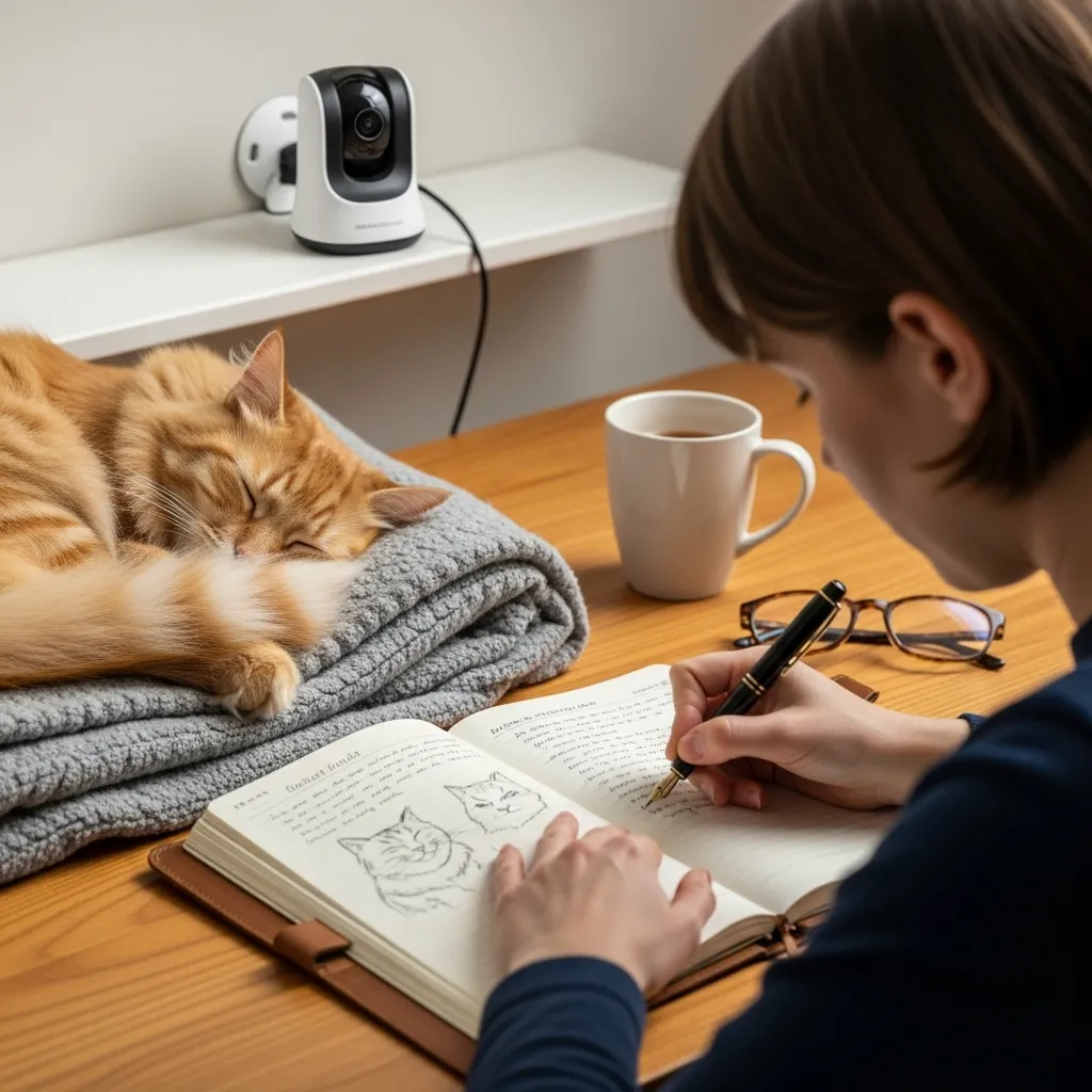  Cat owner tracking sleep patterns in a journal, showing how to monitor feline sleep behavior.