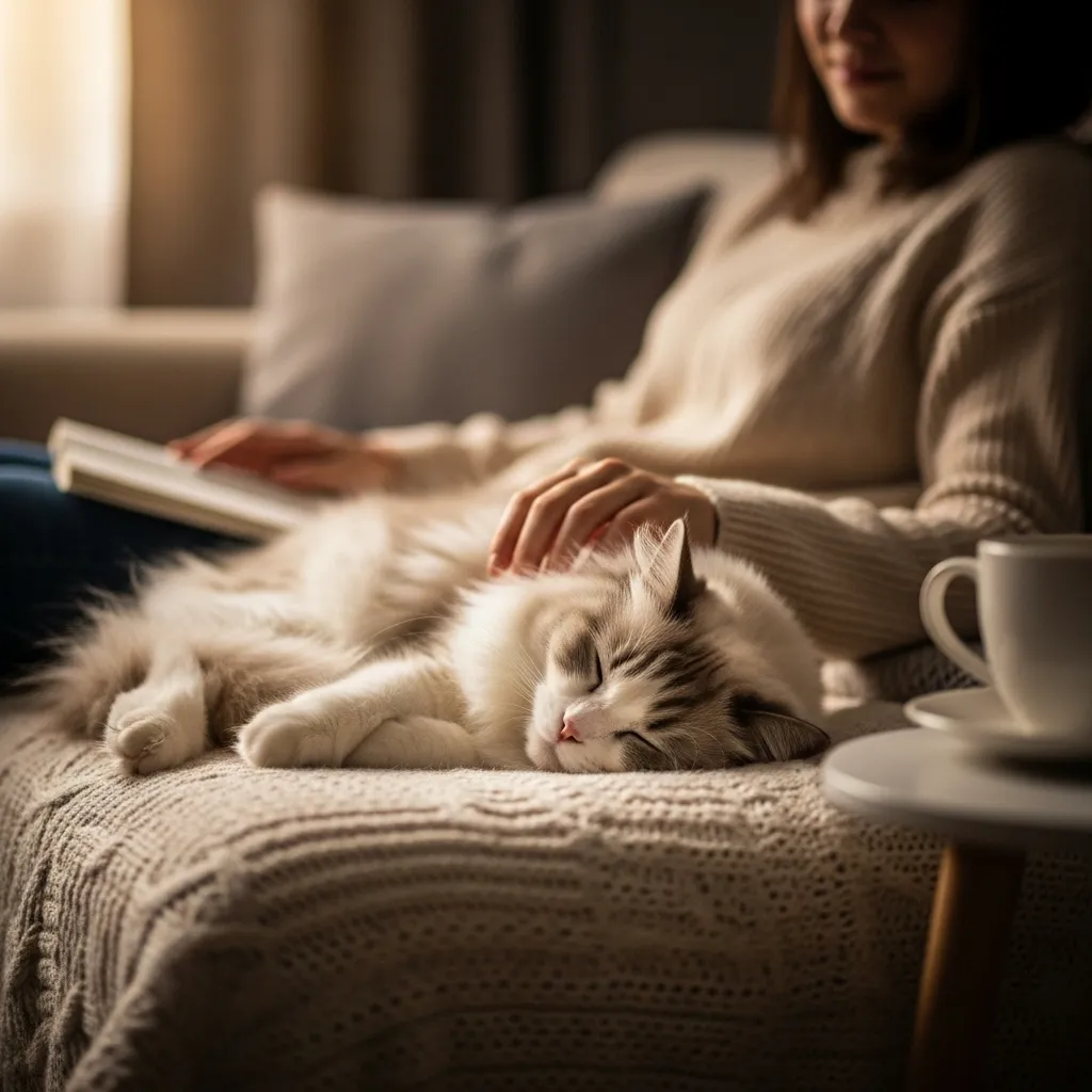 Cat resting on a blanket with owner, symbolizing end-of-life care for feline leukemia.