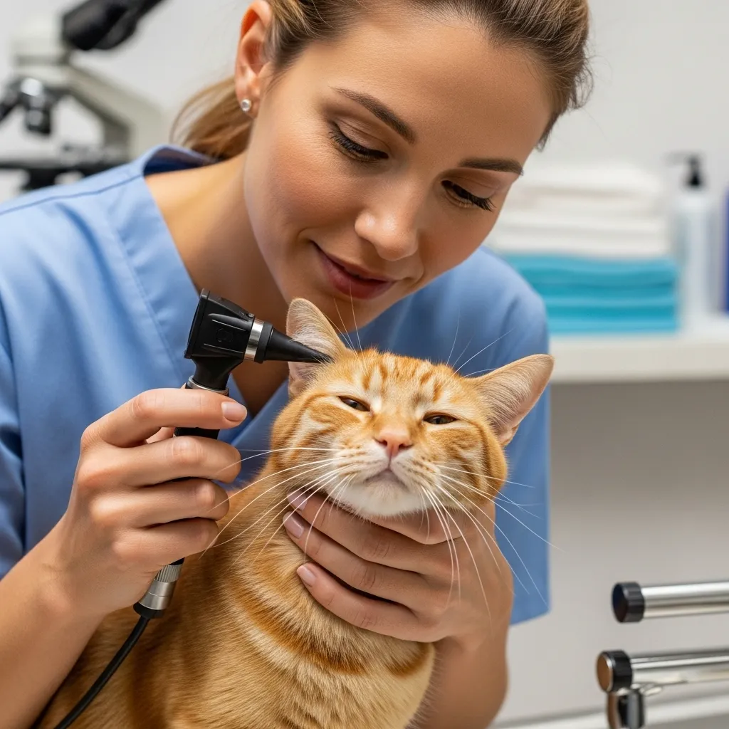 Veterinarian examining a cat for feline leukemia symptoms during a checkup.