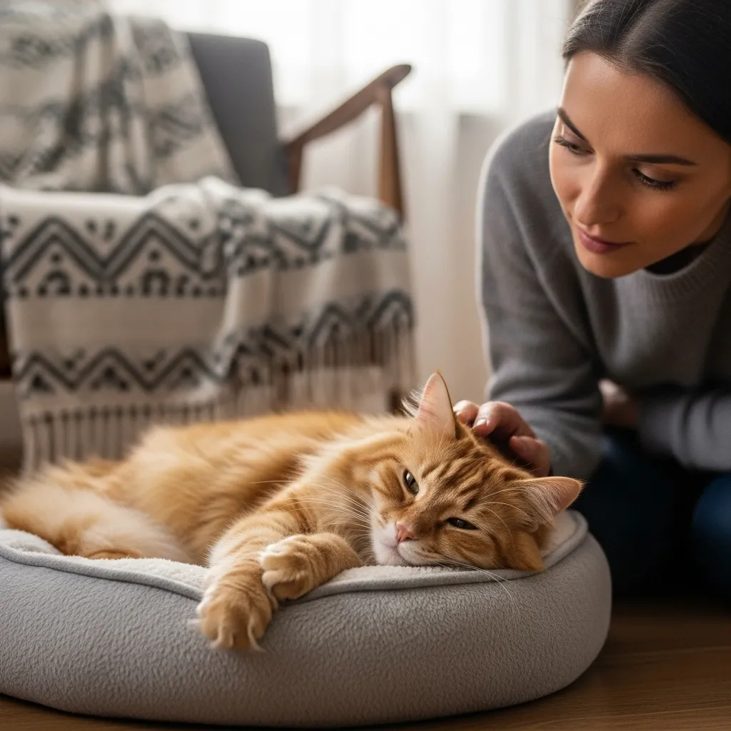 Tired cat with feline leukemia resting on a bed, showing signs of declining health.