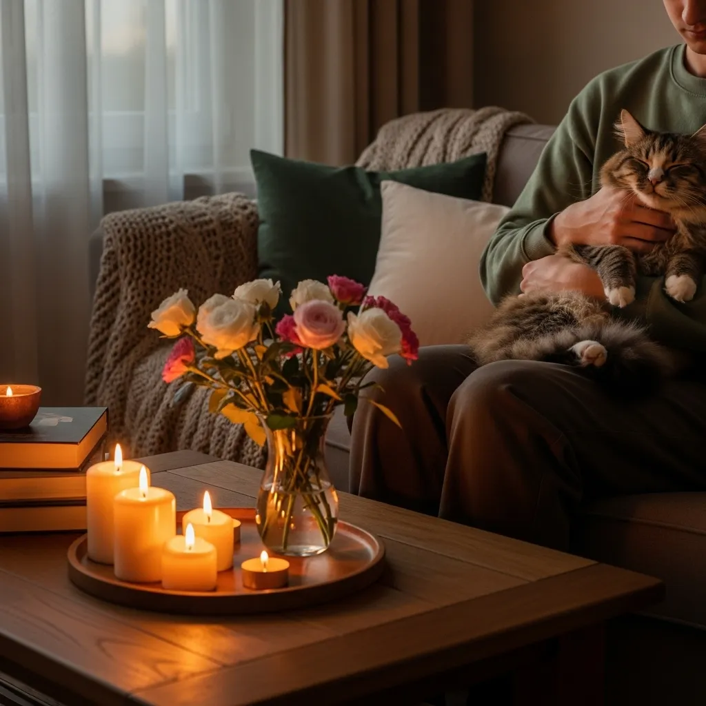 Owner comforting cat during feline leukemia end-of-life care at home.