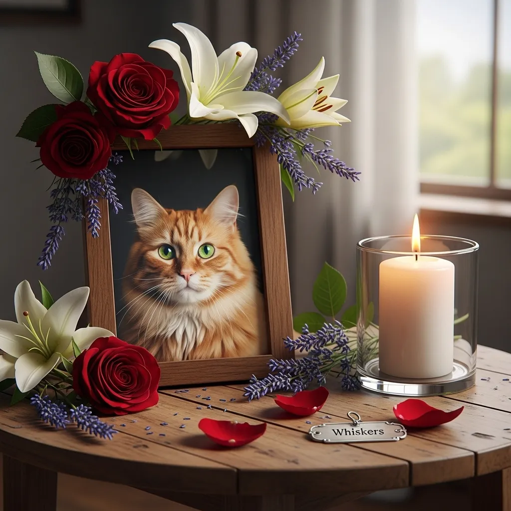 Cat memorial with photo and flowers, honoring a pet lost to feline leukemia.