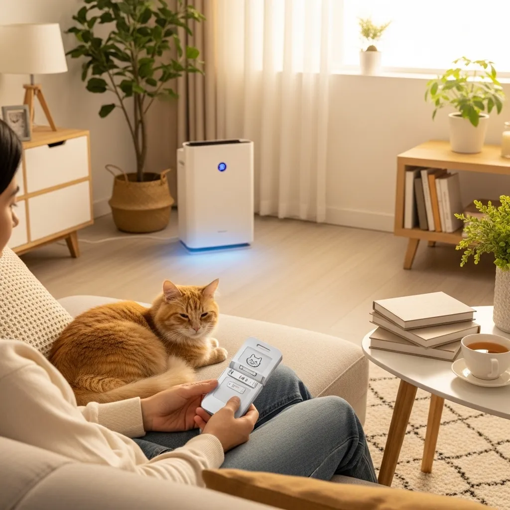 Person with a cat allergy test kit in a cozy living room with a cat and air purifier, illustrating at-home cat allergy testing.