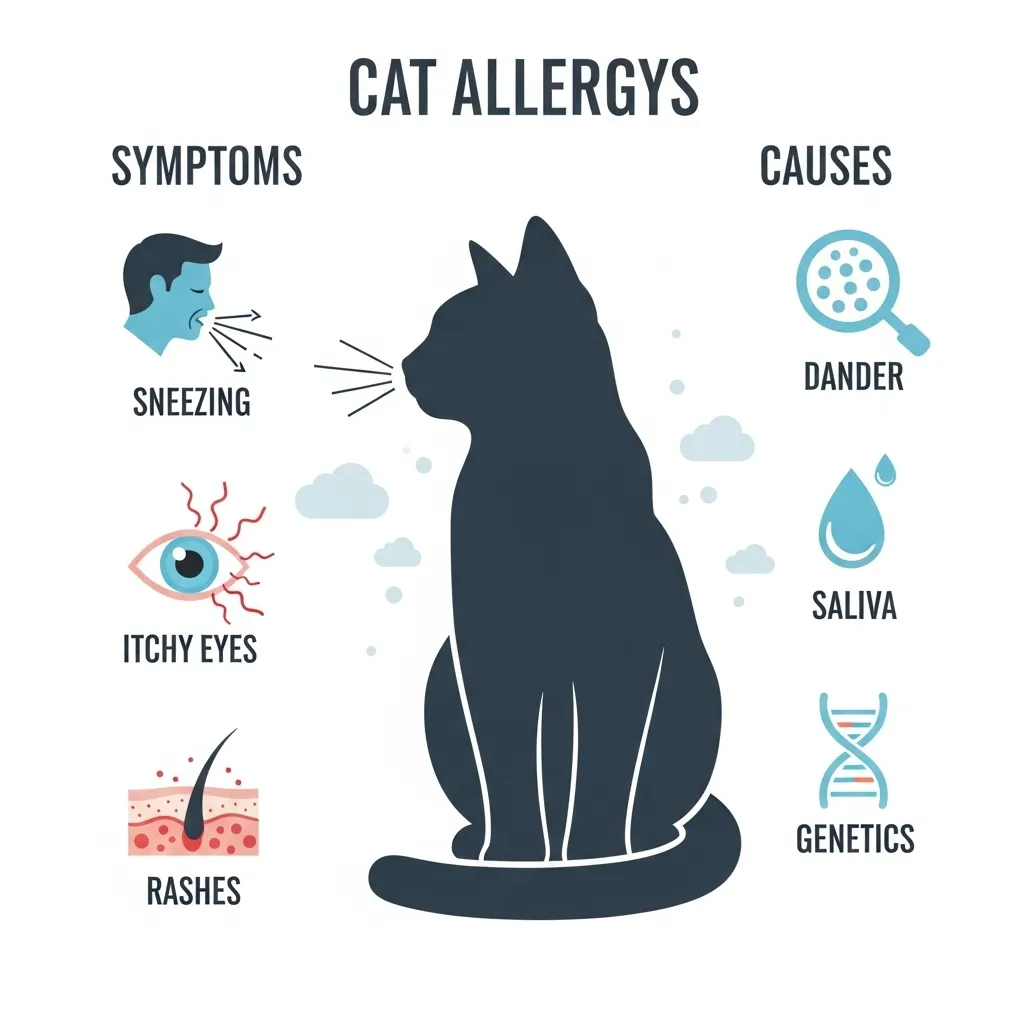 Infographic of cat allergy symptoms and causes, featuring sneezing, itchy eyes, and dander particles around a cat silhouette.