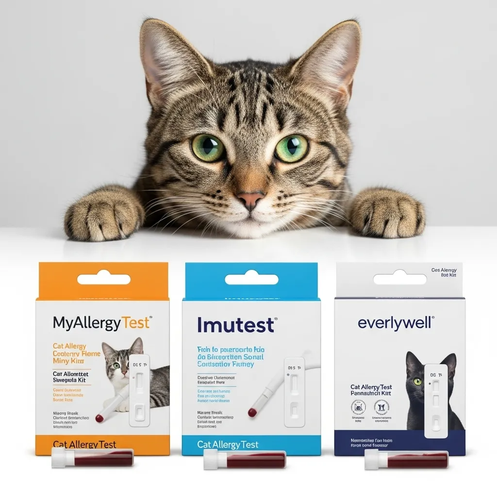 Comparison of MyAllergyTest, Imutest, and Everlywell cat allergy test kits with packaging and a cat, highlighting DIY testing options.
