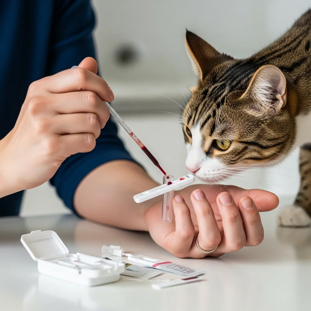 Step-by-step guide to using a cat allergy test kit, from hand washing to mailing the sample, with a curious cat nearby.