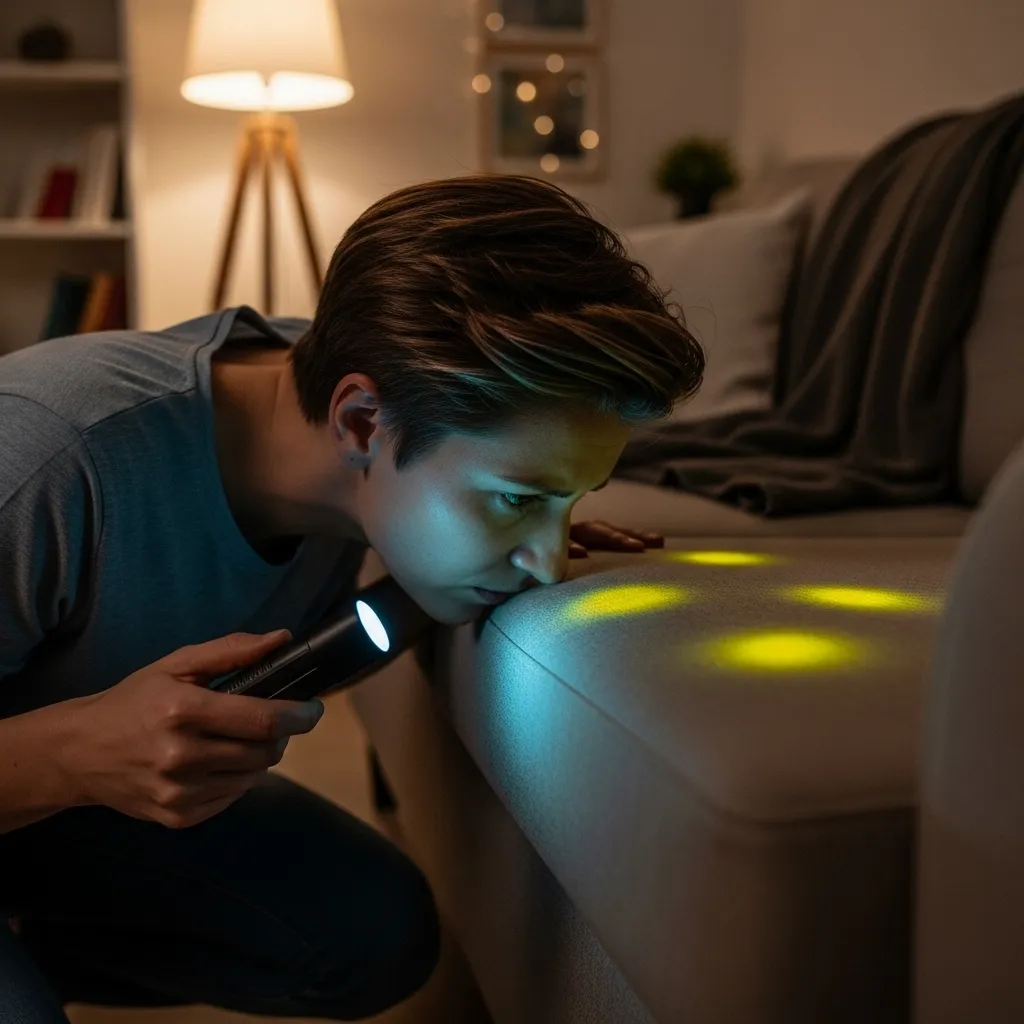 Cat pee smell from couch revealed by UV blacklight - immediate action needed