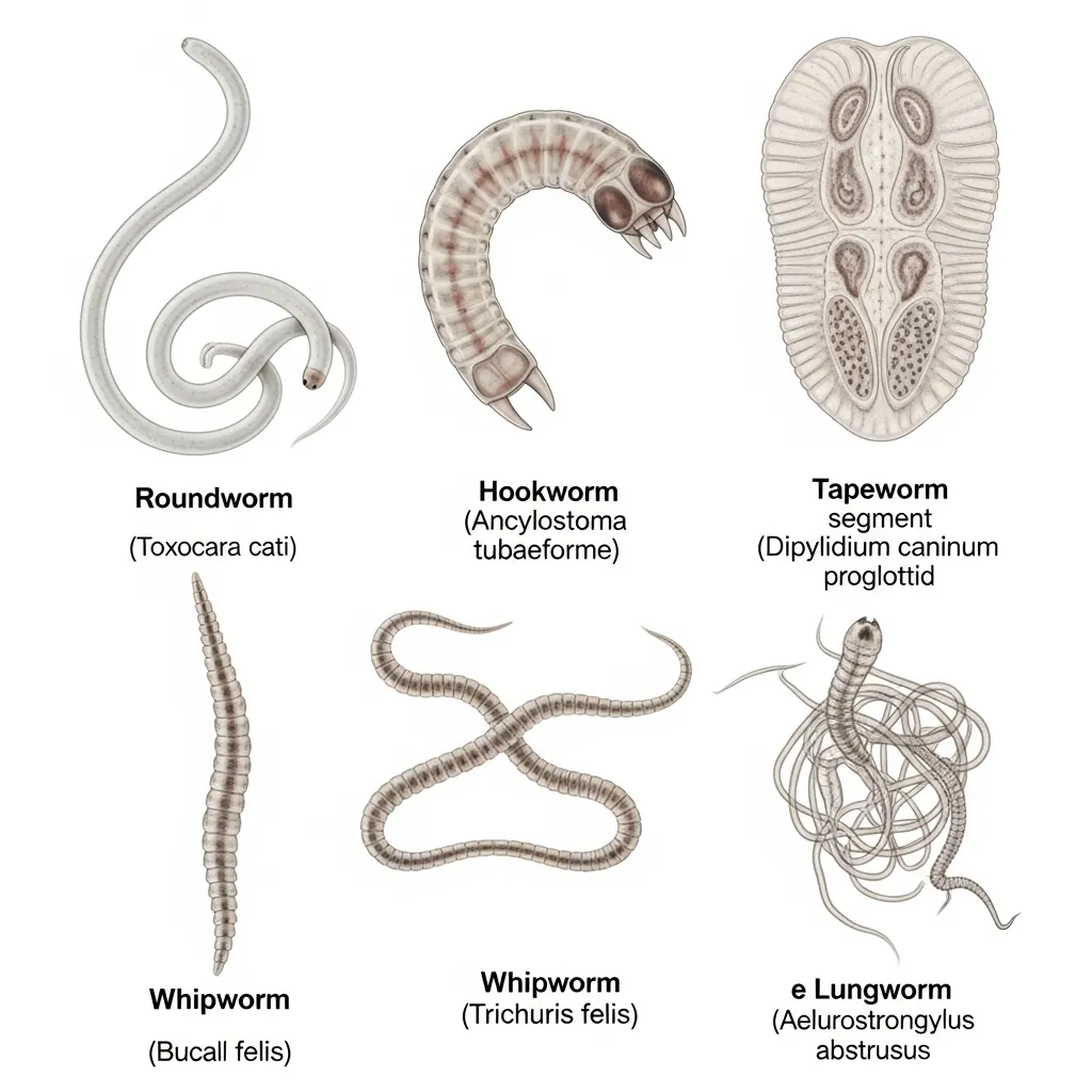 Types of worms in cats: visual guide to roundworms, hookworms, tapeworms