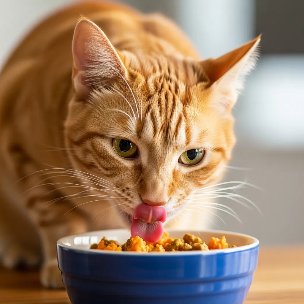 Cat eating pumpkin remedy for diarrhea