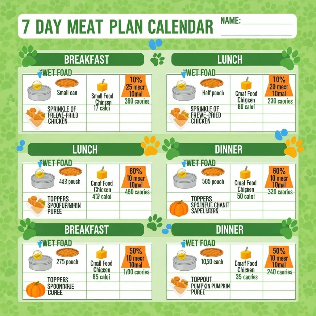 "7-day cat weight gain meal plan with wet food and calorie counts