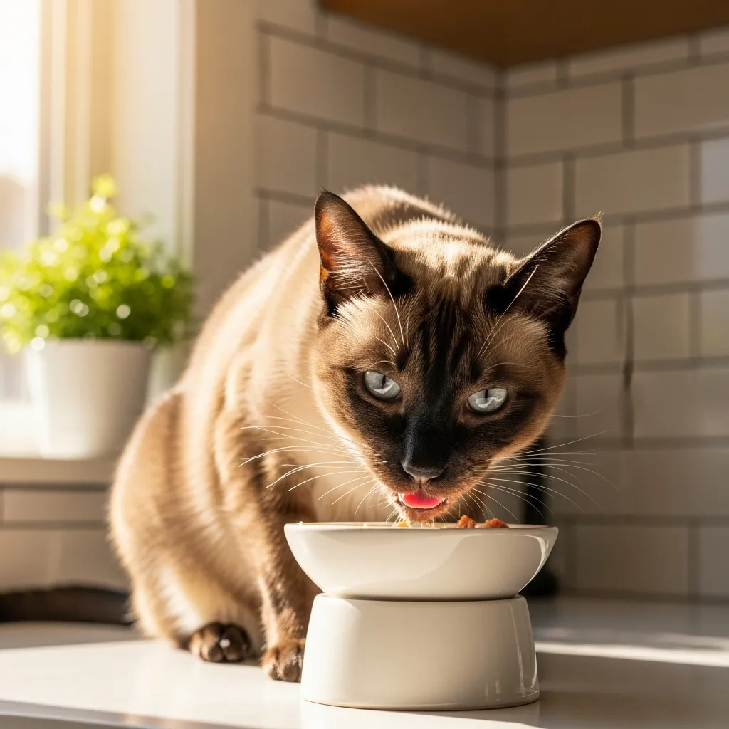 Senior cat weight gain: Siamese eating wet food successfully