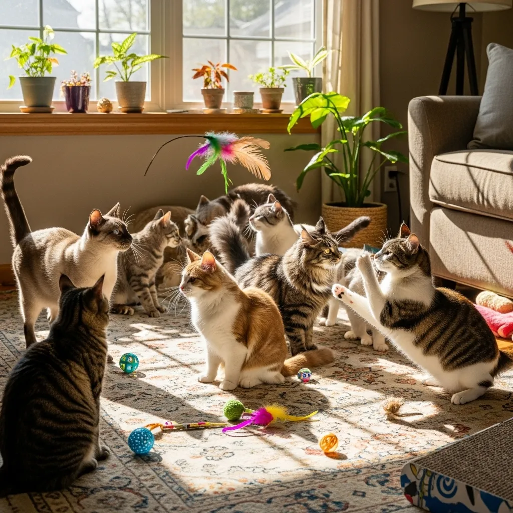Healthy weight cats playing happily after weight gain recovery