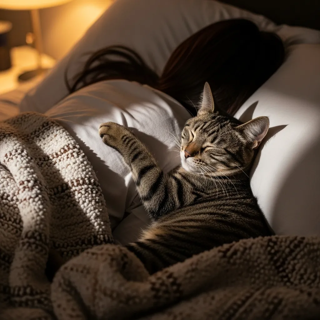 Why does my cat sleep pressed up against me - cute cat cuddling owner at night