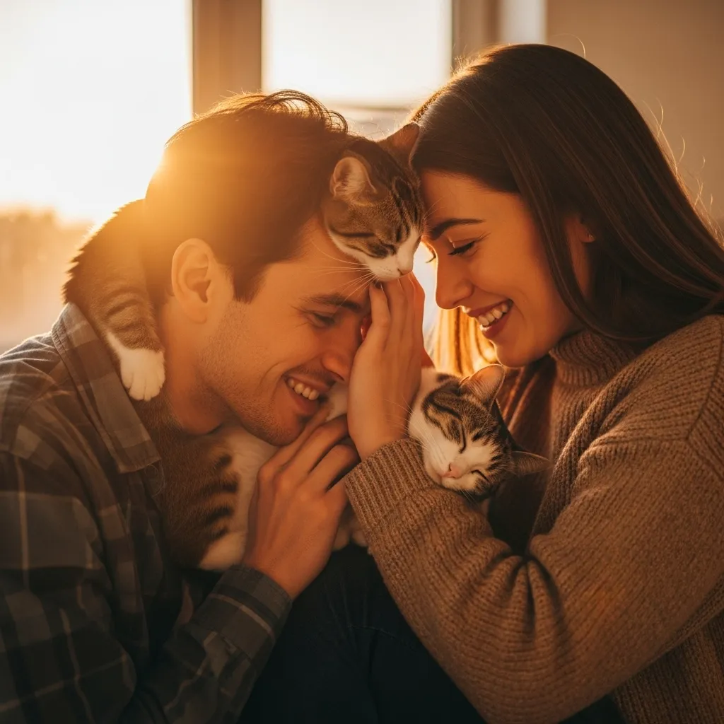 Cat affection signs - happy owner with cuddling cat at sunrise