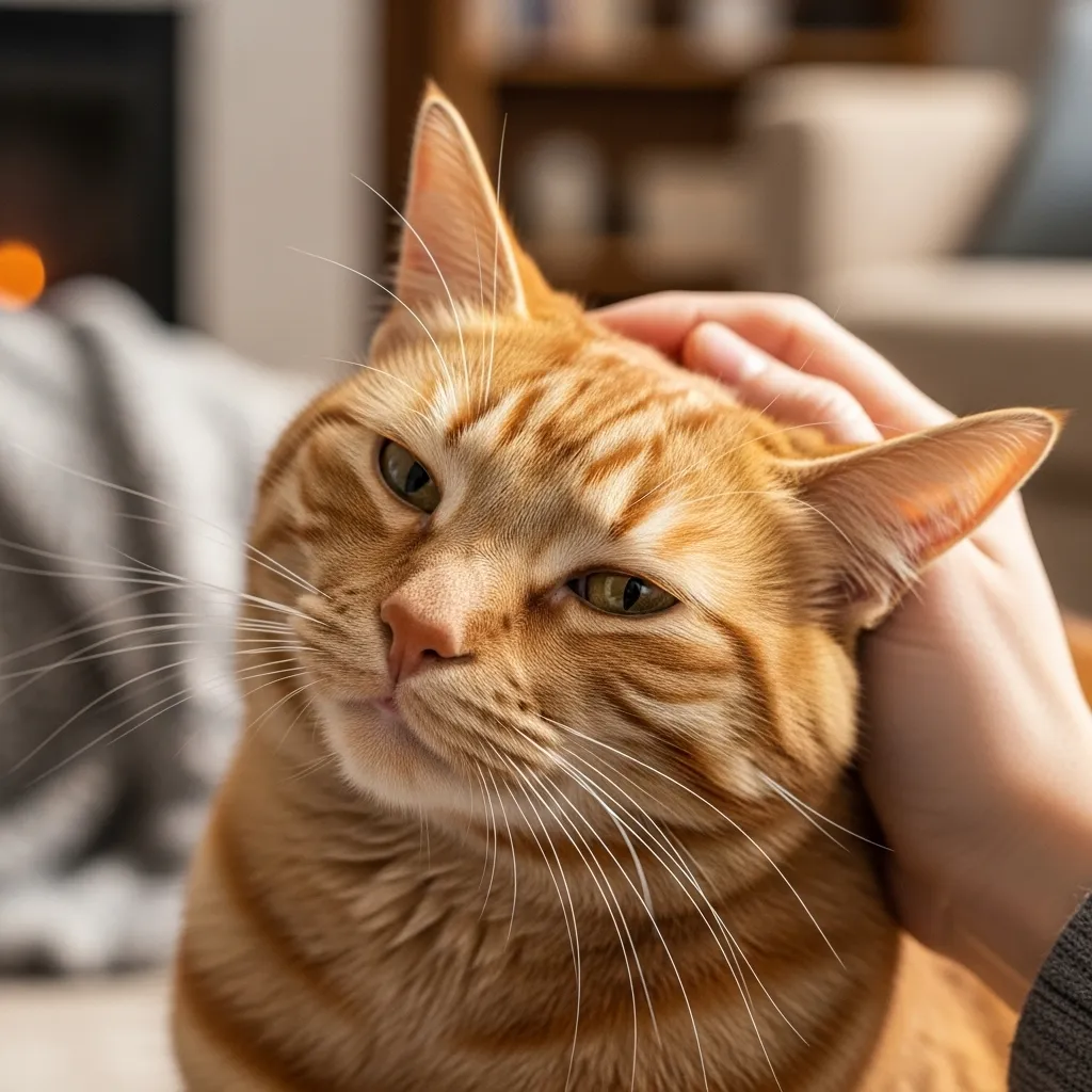 Relaxed cat enjoying gentle petting in a cozy living room, illustrating positive cat behavior training.