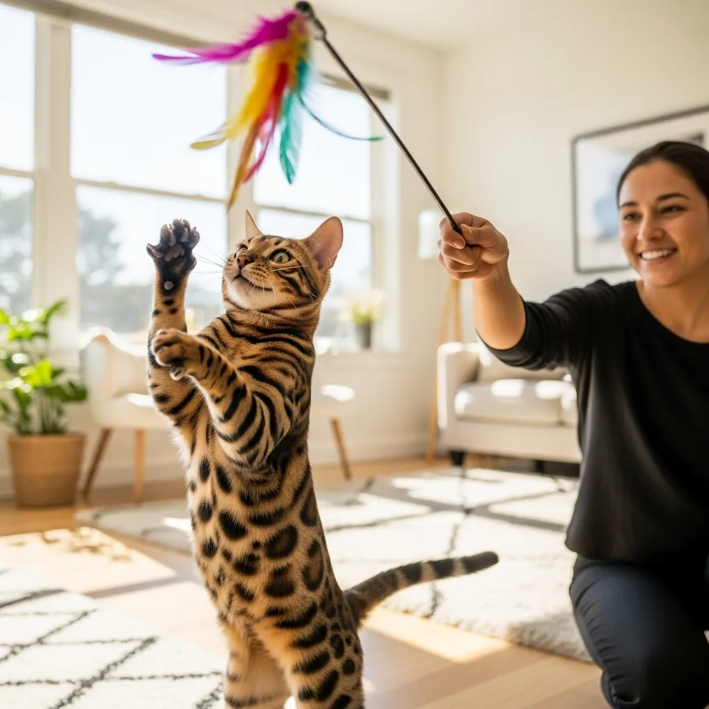 Bengal cat playing with a feather wand toy, showing safe playtime to prevent cat biting behavior.