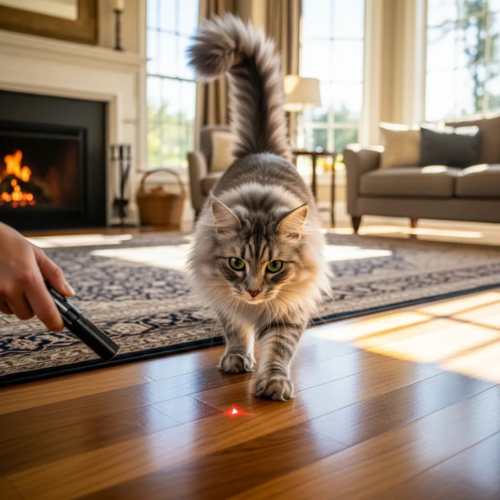 Owner using a laser pointer for safe play with a Norwegian Forest Cat, reducing cat play aggression.