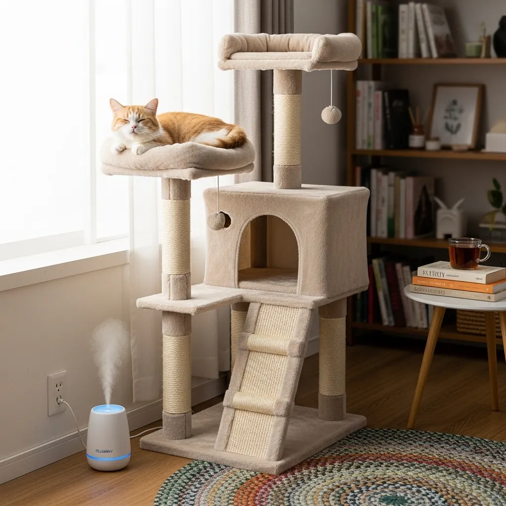 Munchkin cat relaxing on a cat tree near a Feliway diffuser, creating a calm environment to reduce cat fear aggression.