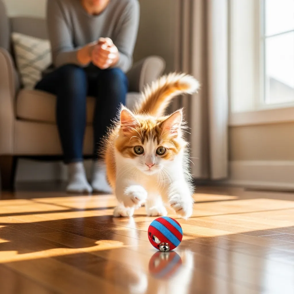  Kitten playing with a ball toy, demonstrating safe play to prevent cat biting during play.