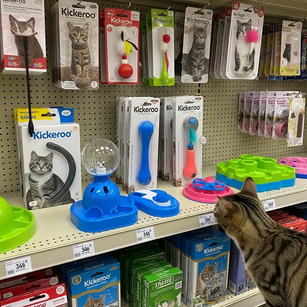  Selection of cat toys like Kickeroo and puzzle feeders, ideal for redirecting aggressive cat behavior.