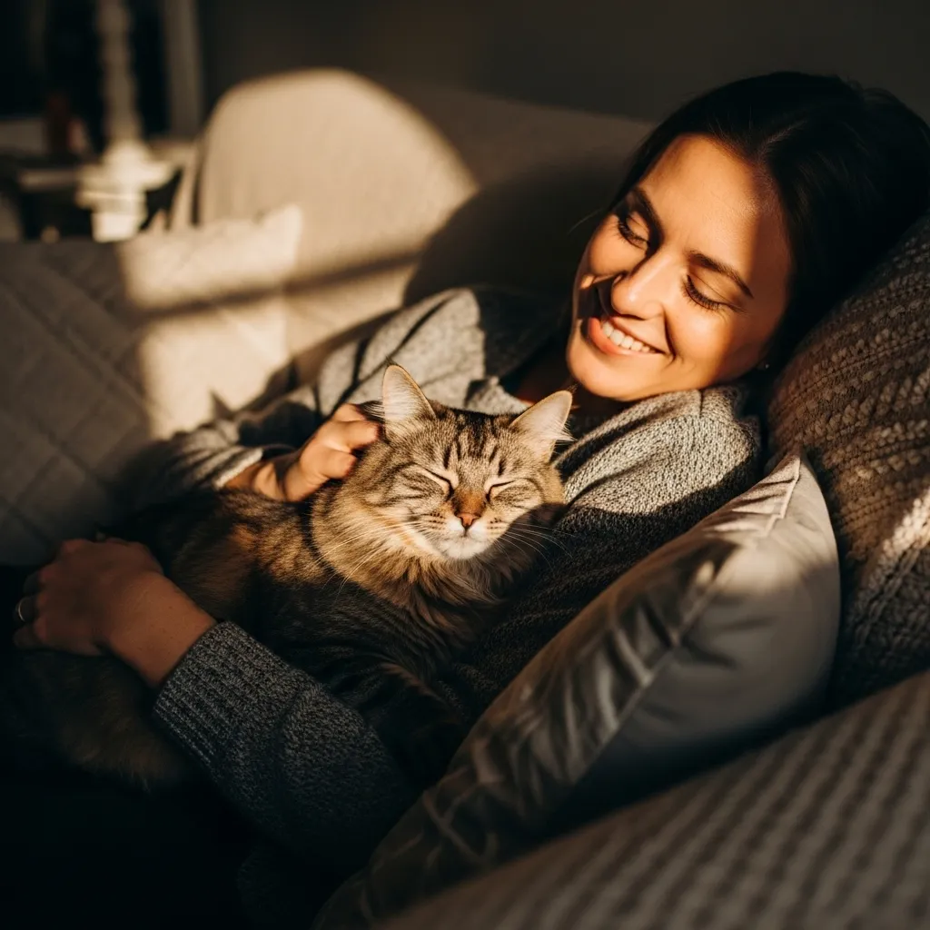  Happy owner and cat cuddling, showing a bite-free bond after successful cat behavior training.