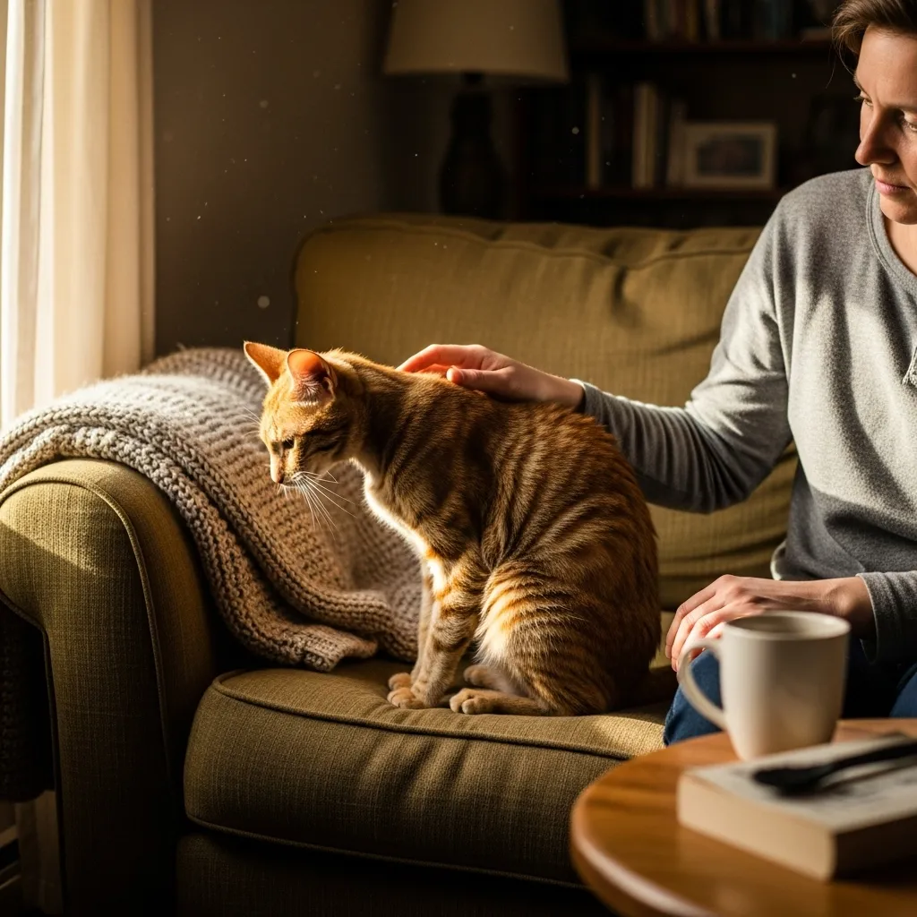Cat owner petting a skinny cat, highlighting concern for cat weight loss in a cozy home setting.