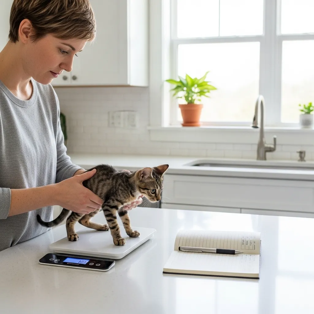 Cat owner weighing a skinny cat on a digital scale to monitor cat weight loss at home.