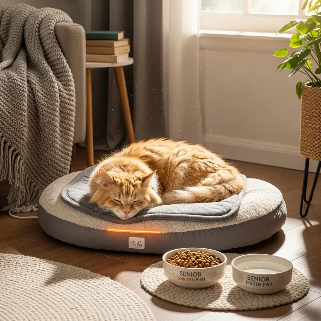 Senior cat on a heated bed with specialized food, addressing aging cats and weight loss.
