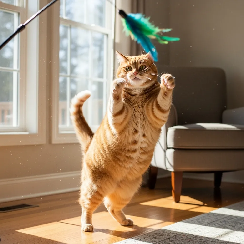 Happy, healthy cat playing after successful weight gain, showcasing effective skinny cat treatment.