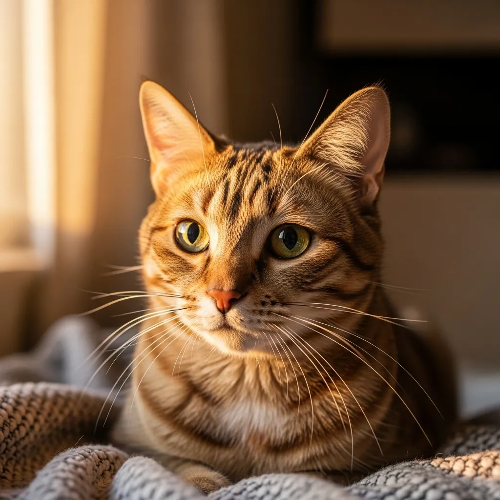 Close-up of a tabby cat with watery eyes, highlighting why cats cry tears in a cozy home environment.