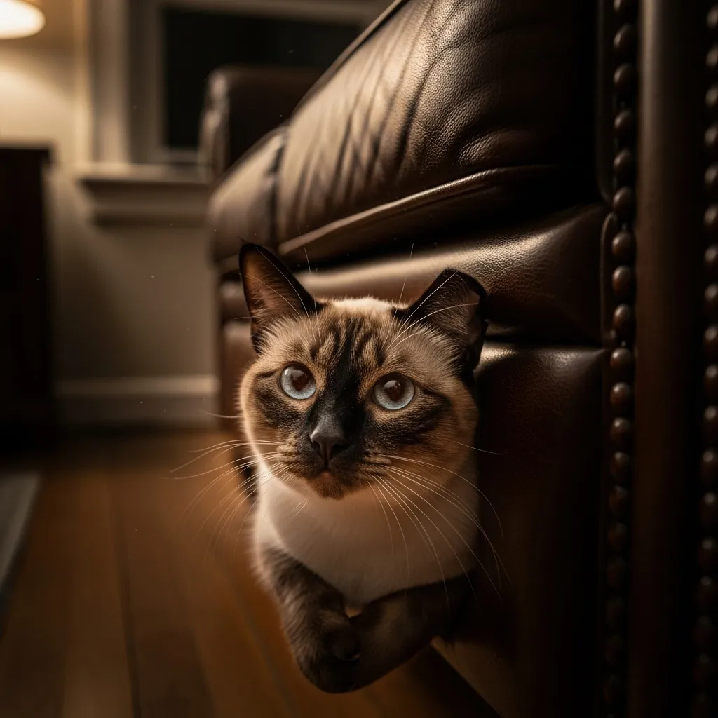 Siamese cat hiding under furniture, showing cat sadness signs linked to feline grieving.