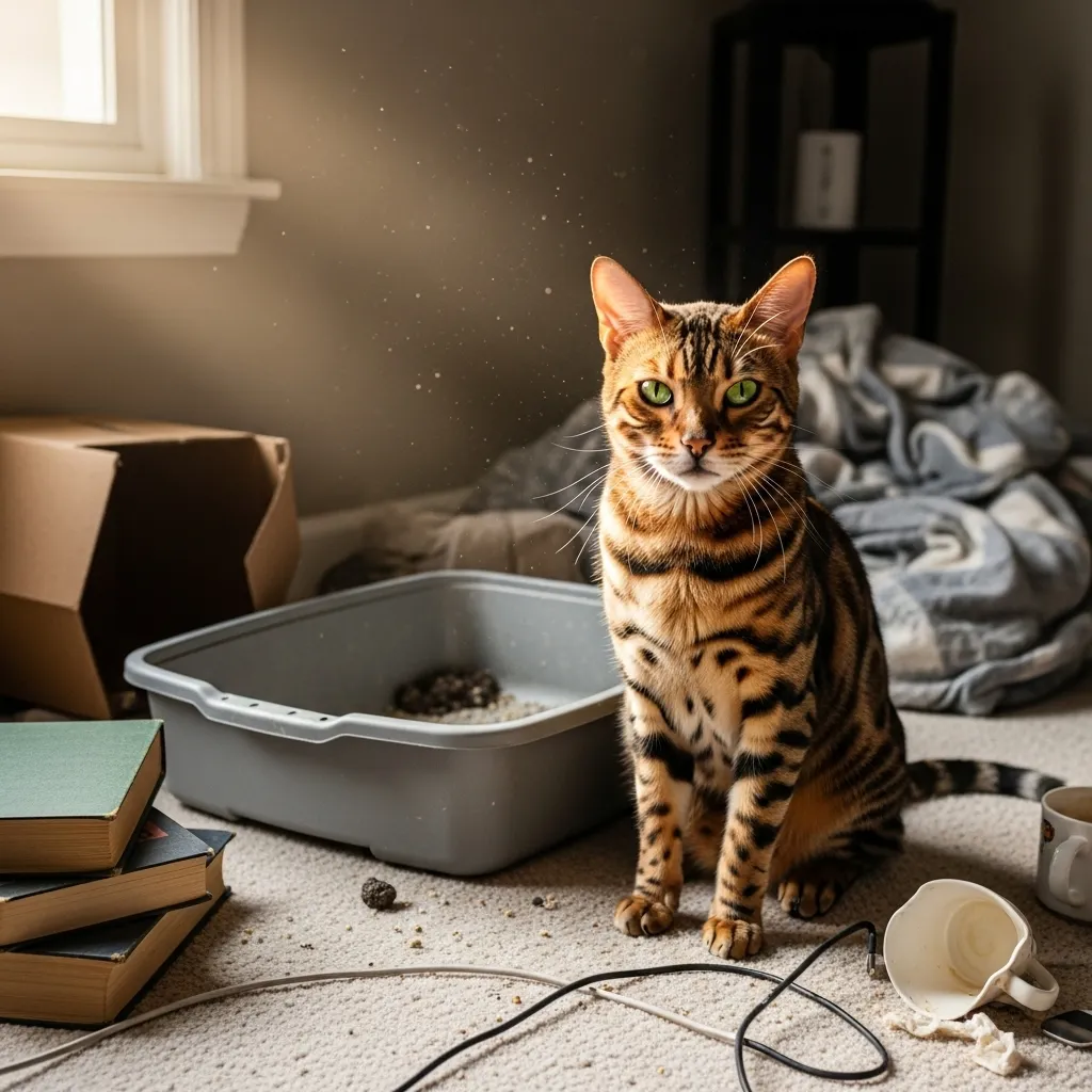 Bengal cat near a dusty litter box, illustrating environmental causes of watery eyes in cats.