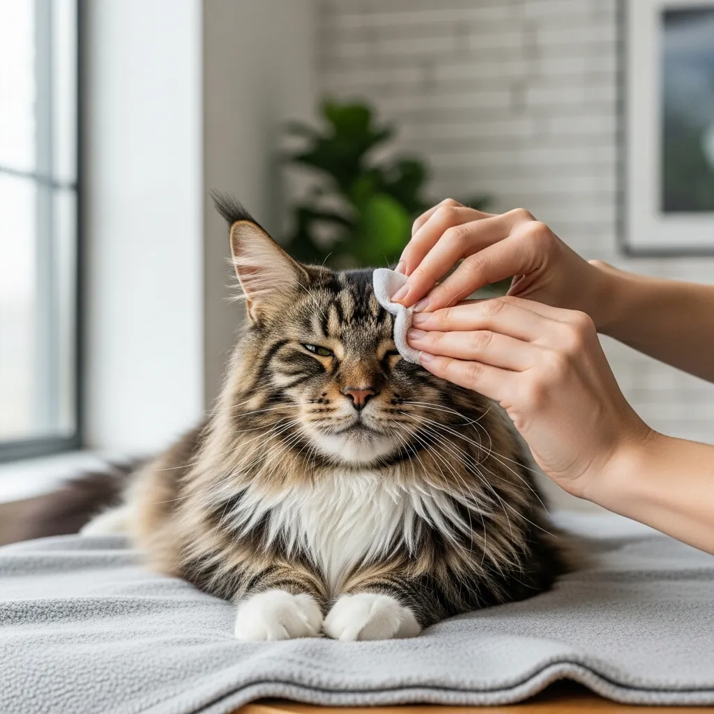  Person cleaning Maine Coon’s eyes, demonstrating care for cat watery eyes.