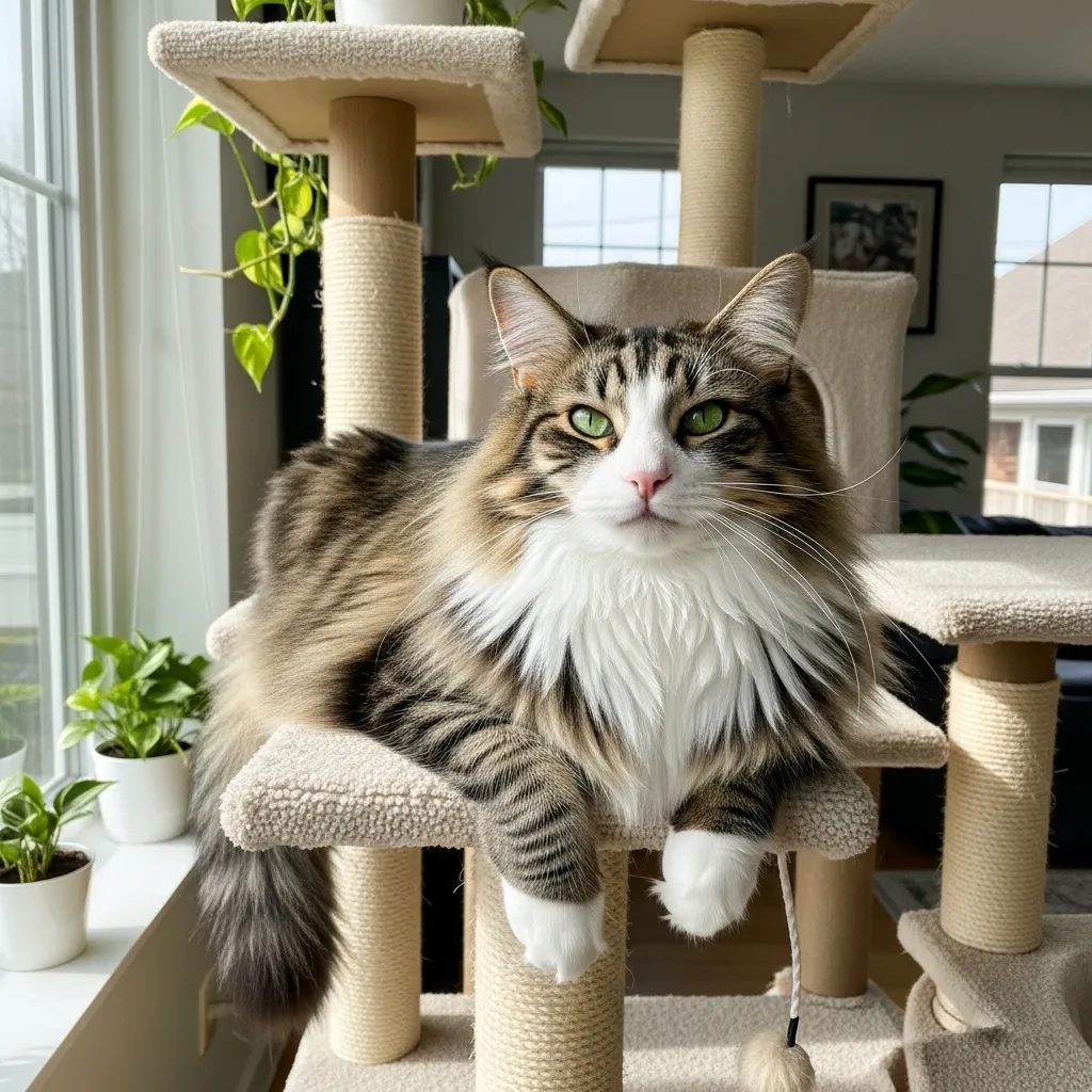  Norwegian Forest cat with clear eyes on a cat tree, showcasing feline emotional health after resolving watery eyes.Conclusion: Keep Y