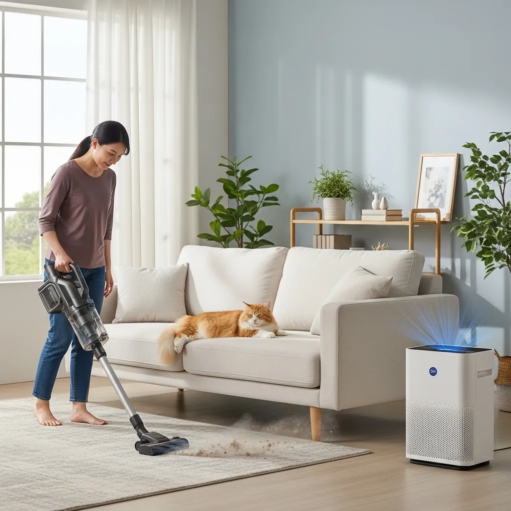 Cozy living room with a cat, HEPA purifier, and vacuuming for cat dander control.