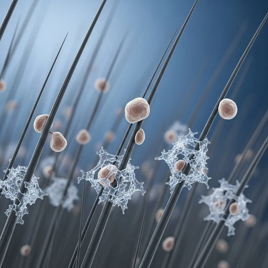 Microscopic view of cat dander particles with Fel d 1 protein.
