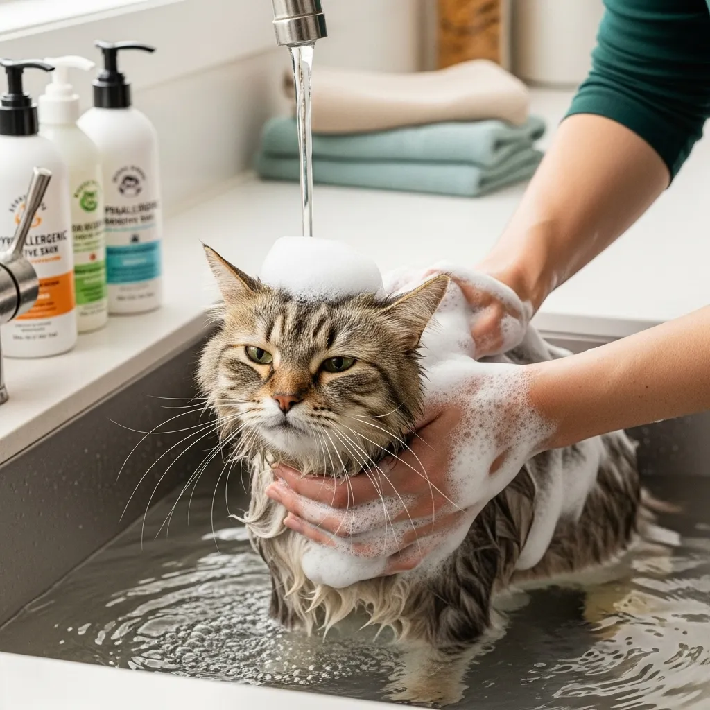 Person bathing a cat with pet-safe shampoo to reduce dander.