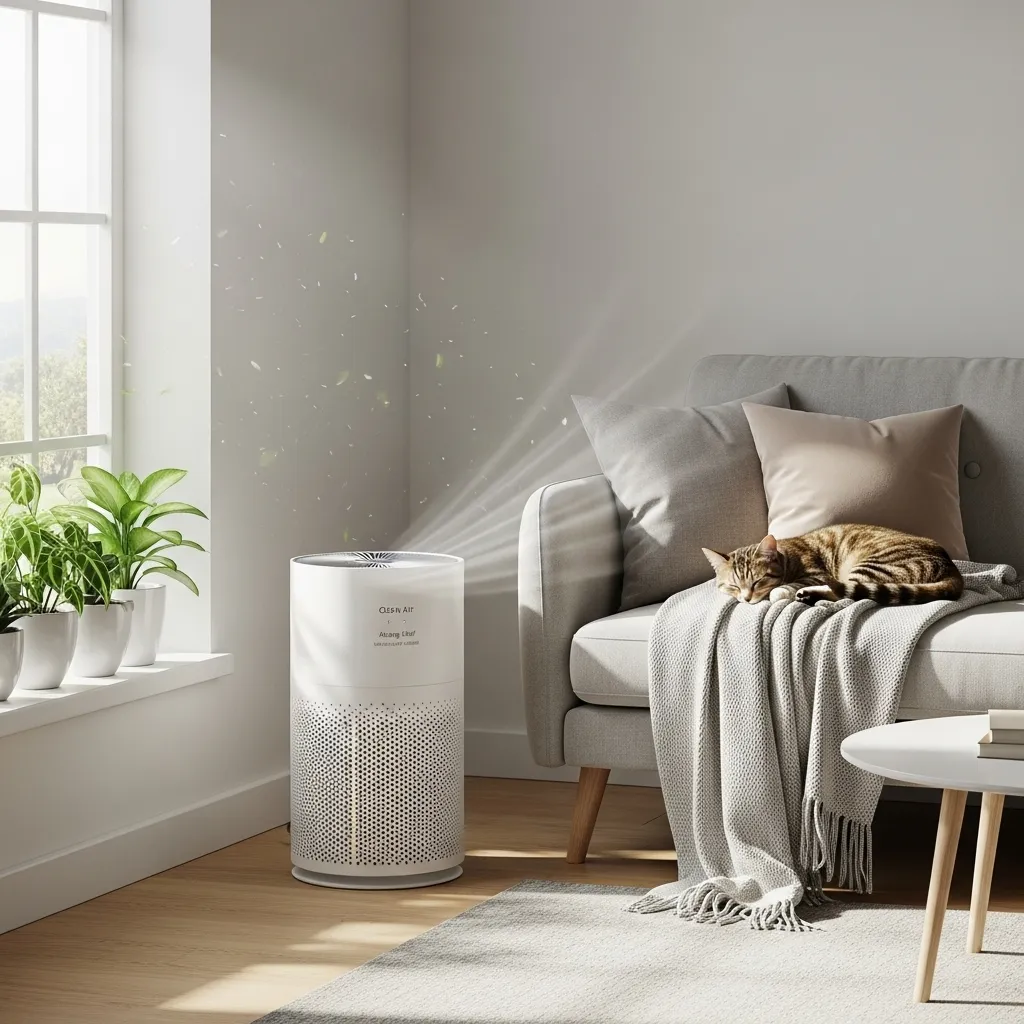 HEPA air purifier in a living room with a cat, reducing cat dander.