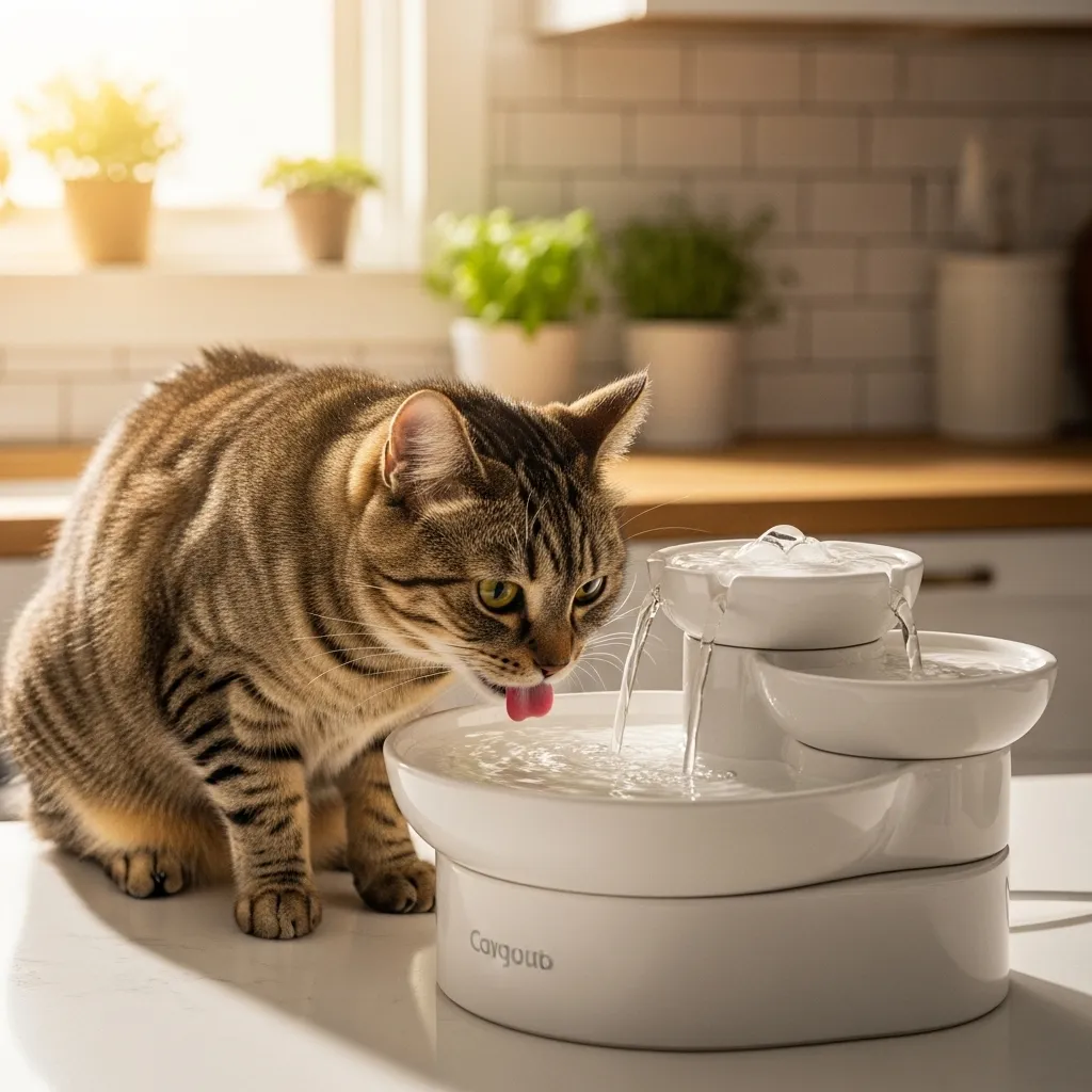 Cat drinking from a pet water fountain to support skin health and reduce dander.