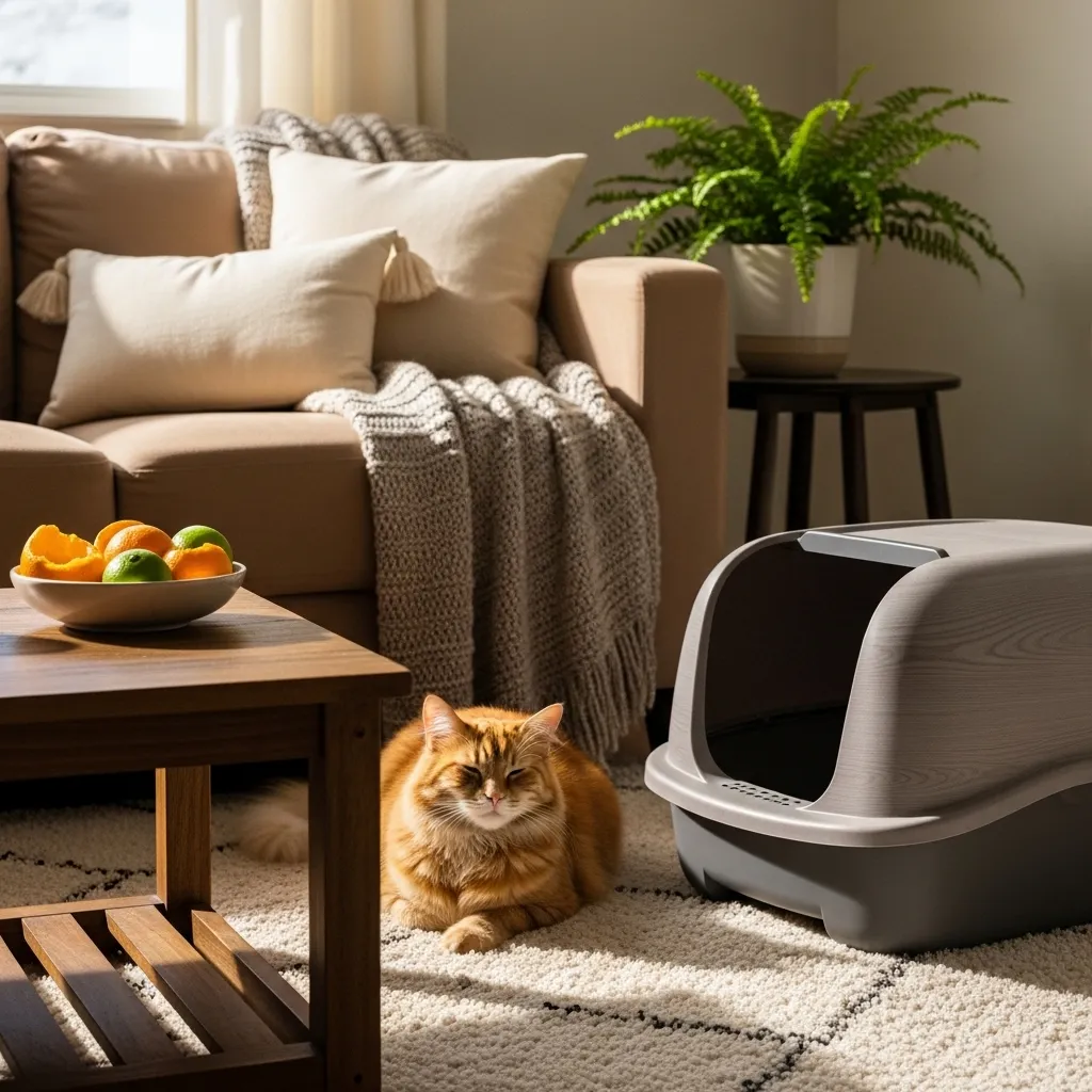 Cozy room with cat by litter box and citrus deterrents, preventing cat spraying indoors.