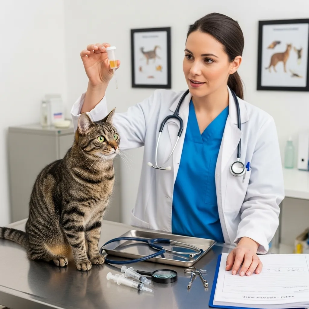 Veterinarian testing cat urine to diagnose spraying causes.